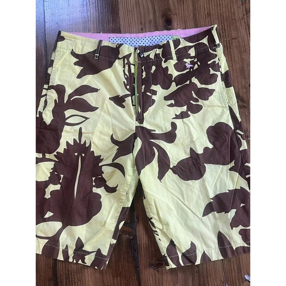 Triple‎ Five Soul Mens Abstract Floral Camo Shorts Yellow Brown Size 32
